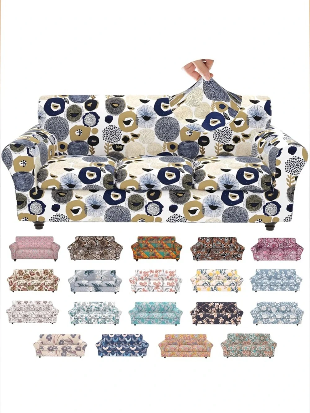 Printed Floral Stretch Sofa Slipcover - Blue & Tan